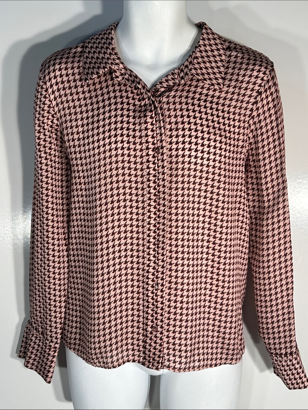 Ecru SZ L Blush & Wine Viscose Houndstooth Button-Up Blouse Career Preppy Old $